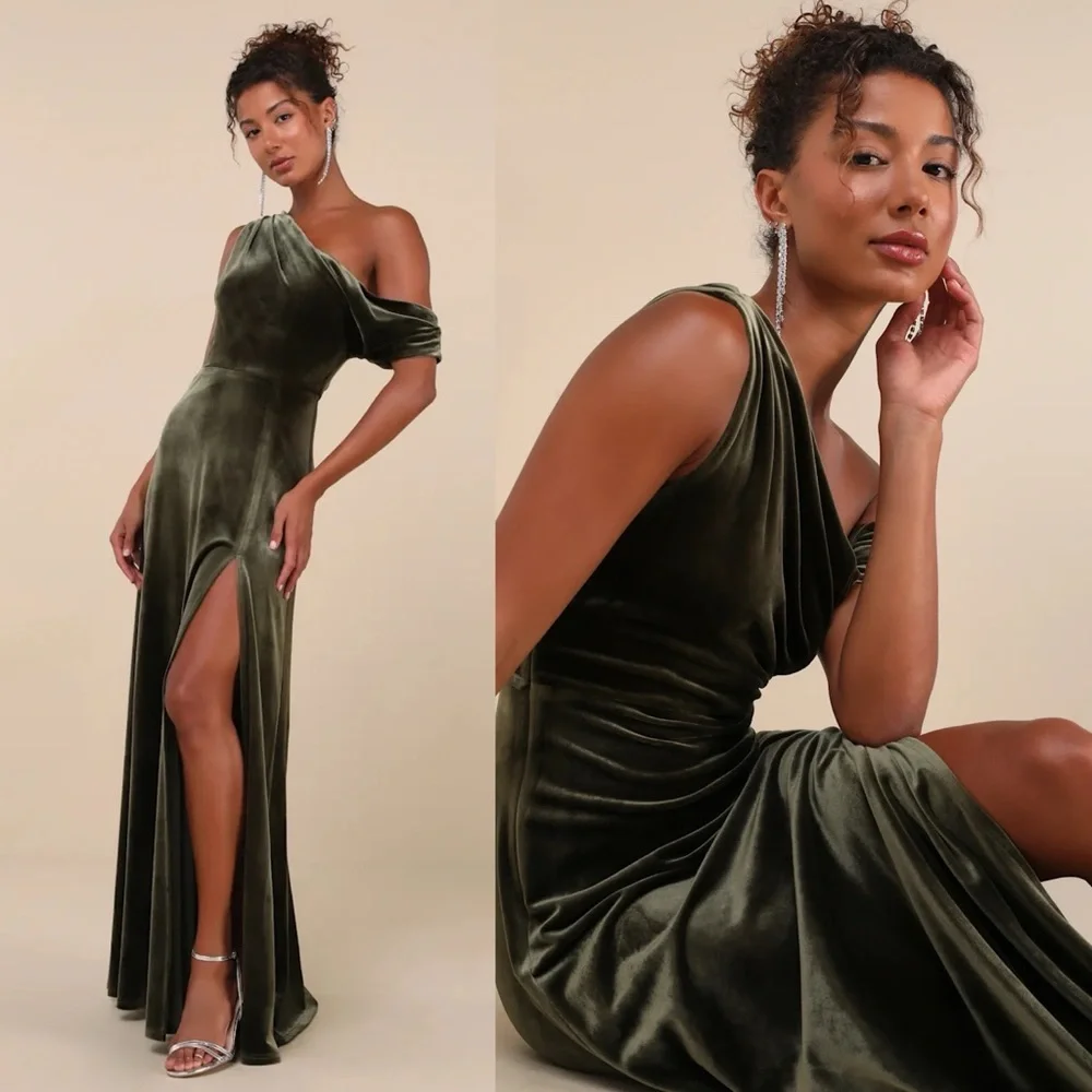 Olive Green Velvet Asymmetrical Cowl Maxi Dress 🌿 - Picture 3 of 9
